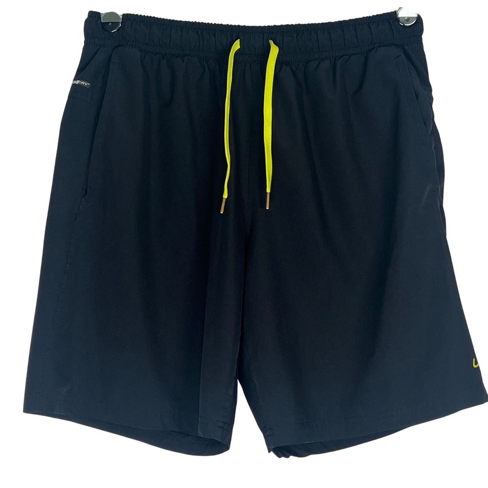 Unipro Mens Quick Dry Athletic Shorts Black Neon Yellow Drawstring Size‎ L